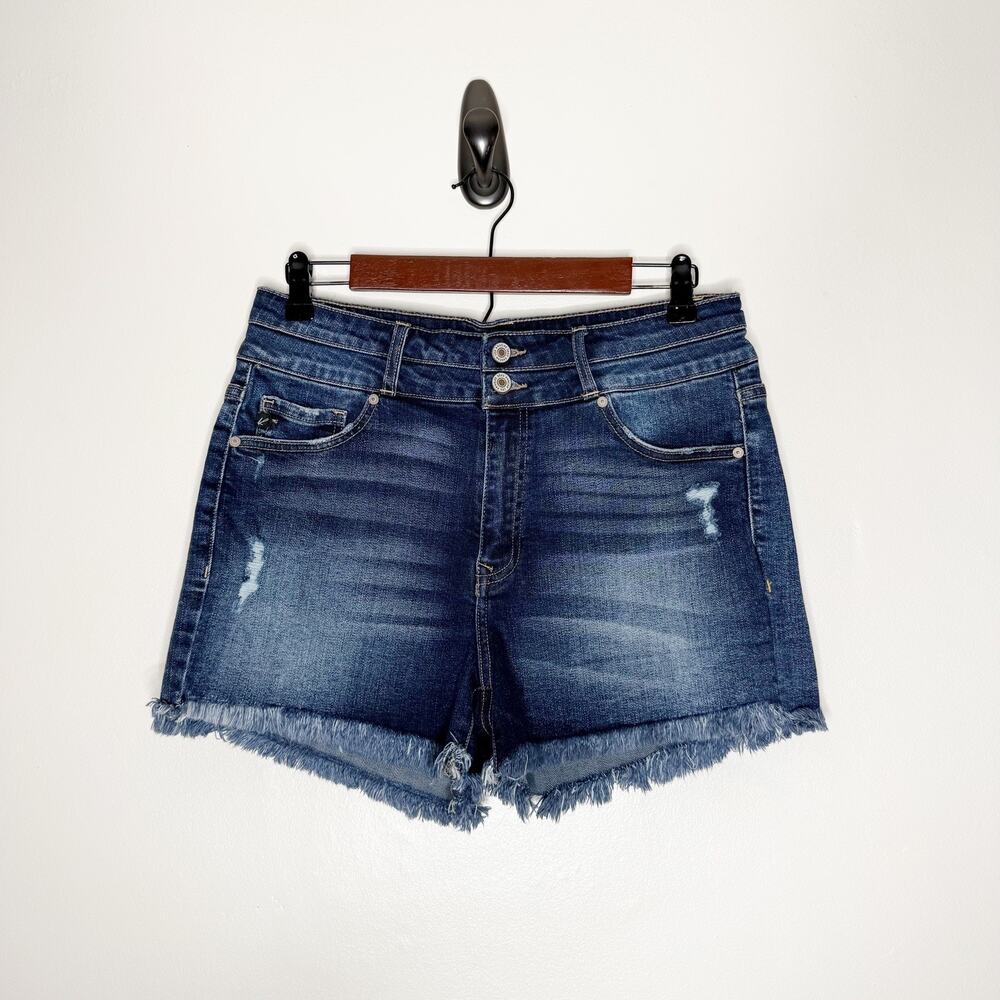 Kancan High Rise Fray Hem Double Button Distressed Denim Jean Shorts Size 29